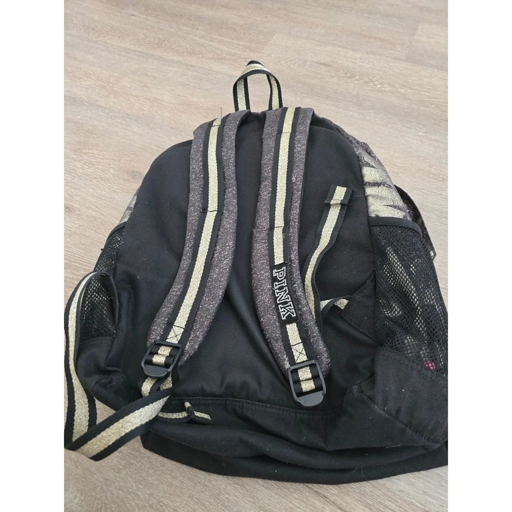 Victorias Secret PINK Backpack Gold Black Metallic Glitter School Bag Gym Travel